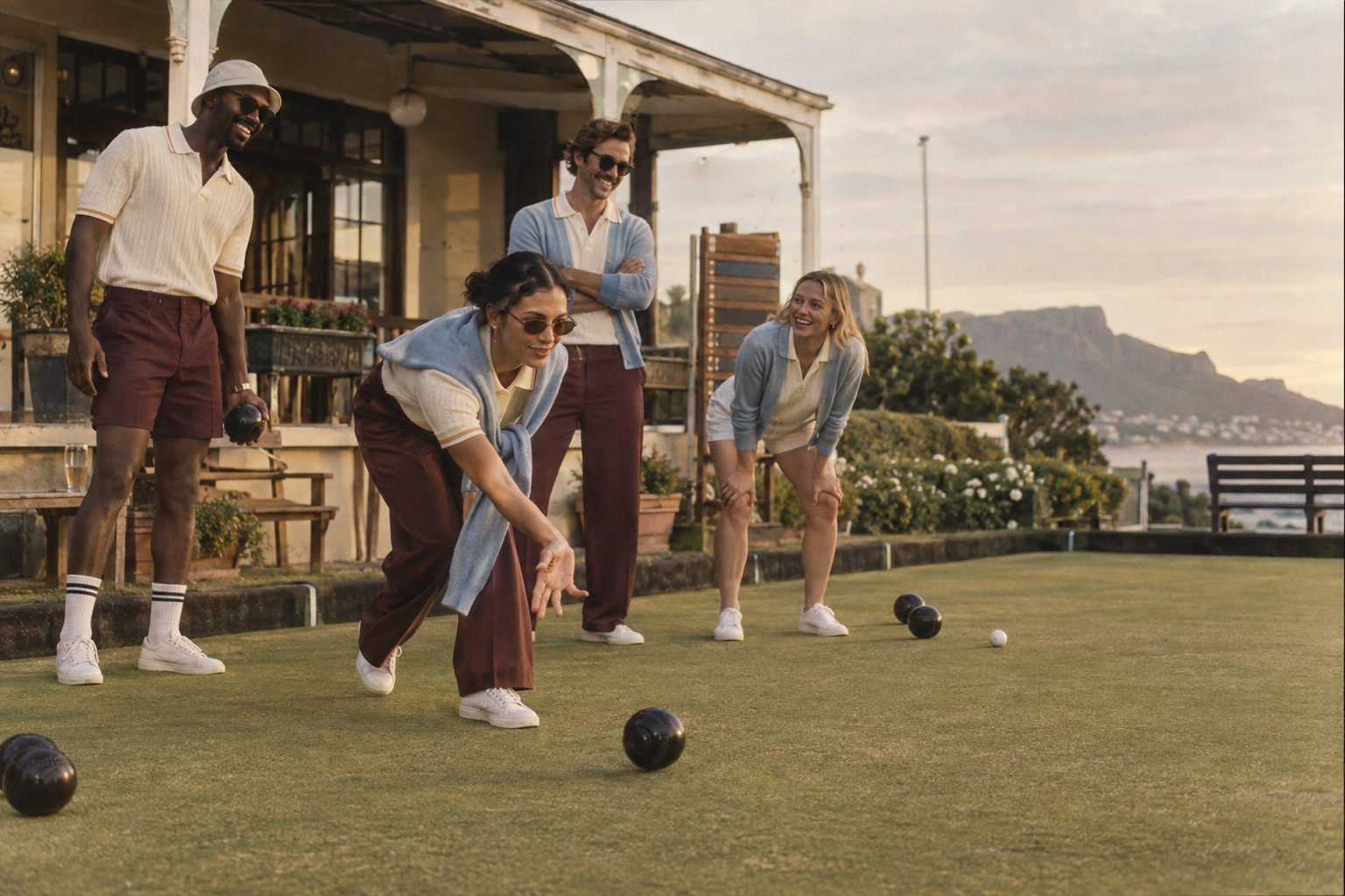 Friends testing DRAFT through an afternoon of lawn bowls